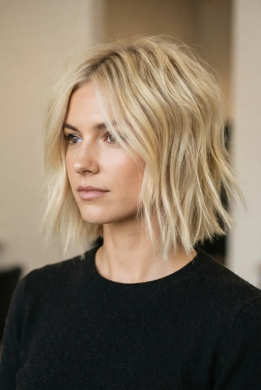 Butter blonde messy shaggy bob with choppy crown layers, separated ends, and a relaxed root lift, a blonde choppy bob haircut.