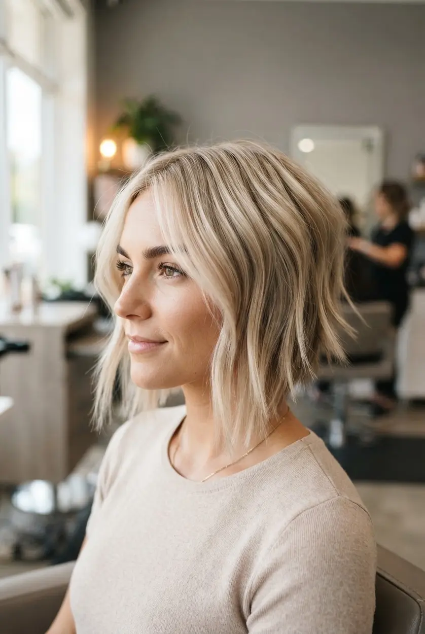 Champagne blonde angled bob with shorter back layers, longer front pieces, bright highlights, and textured edges.