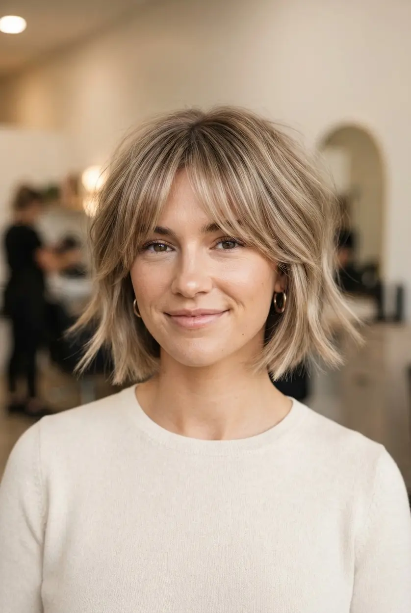 Beige blonde bob with parted Bardot bangs, rounded layers, soft lowlights, and feathered face-framing pieces, a blonde choppy bob haircut.