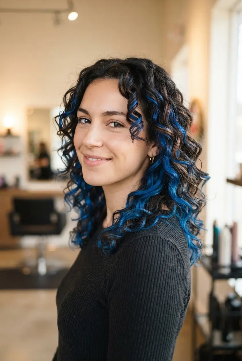 Curly brunette hair with electric blue balayage accents placed through selected mid-length curls.