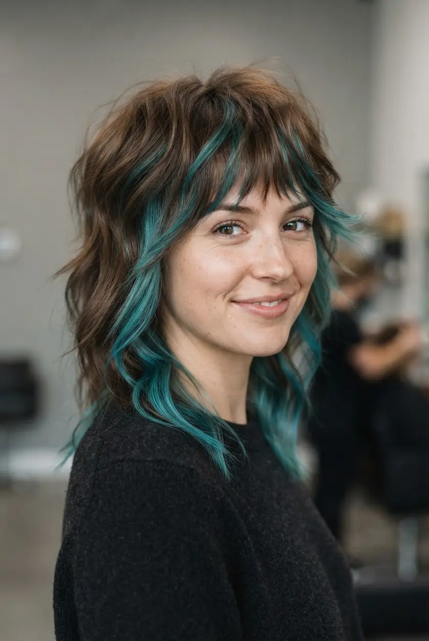 Warm brunette wolf cut with teal blue highlights placed through choppy crown and side layers.