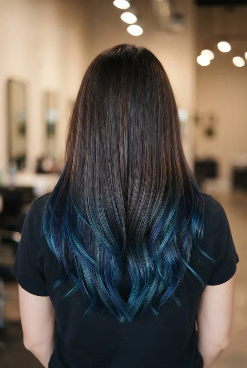 Long brunette V-cut with blue tones layered across the tapered ends for visible dimension.