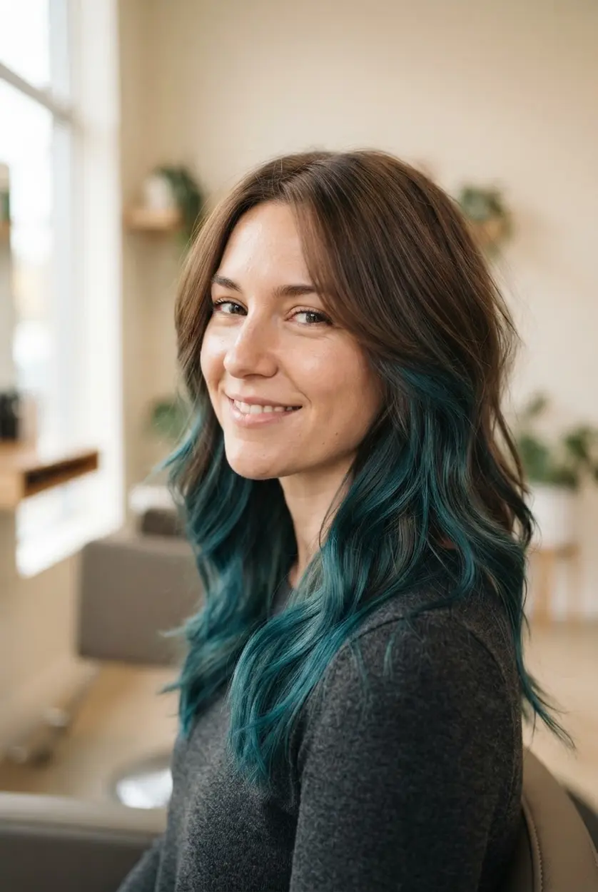 Shoulder-length brunette layers with teal blue balayage and petrol undertones through the lower sections.