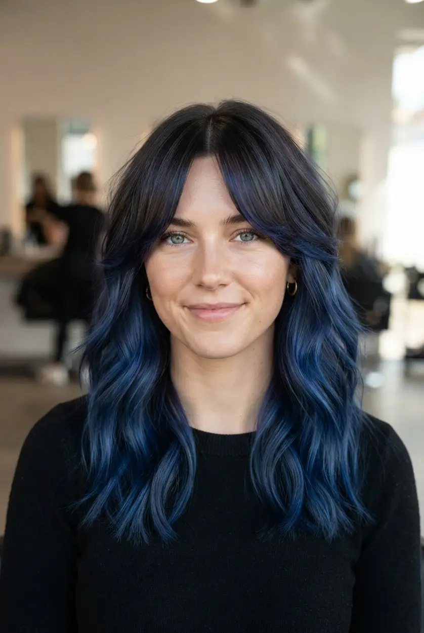 Cool brunette hair with sapphire blue painted layers beside a parted curtain fringe and soft waves.