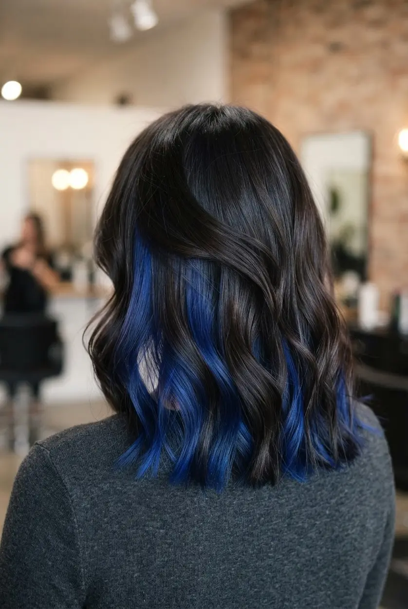 Dark brunette layers lifted to reveal hidden cobalt peekaboo highlights beneath the top section.