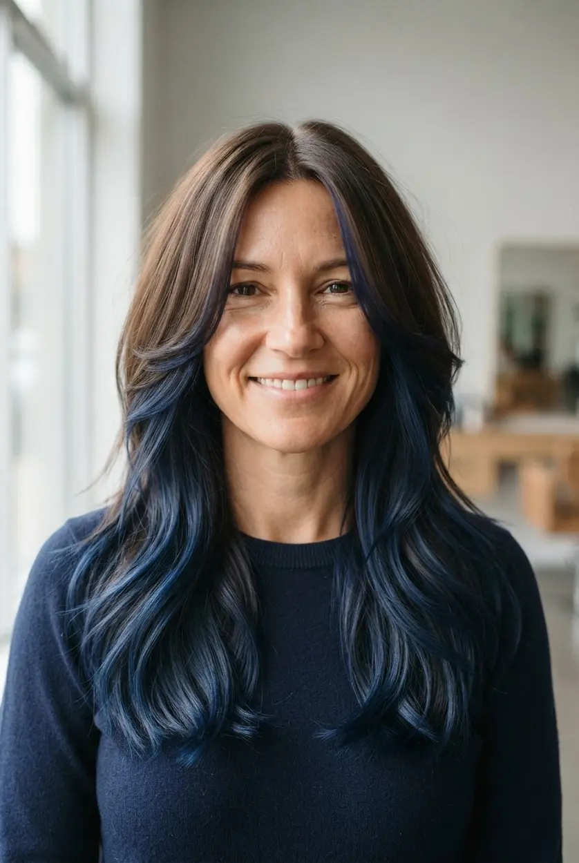Long butterfly cut with navy blue lower layers and face-framing pieces around a brunette base.