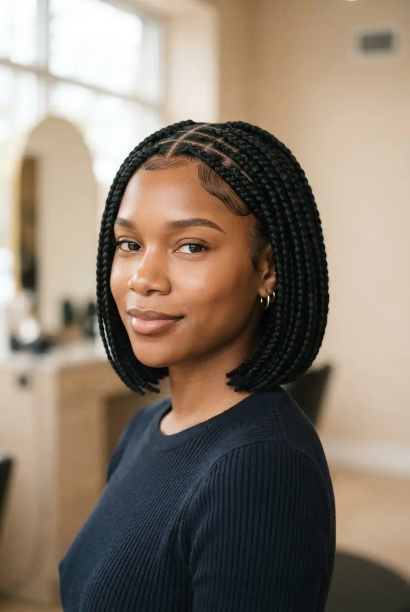 Sleek knotless box braids with clean scalp partings and a polished chin-length finish.
