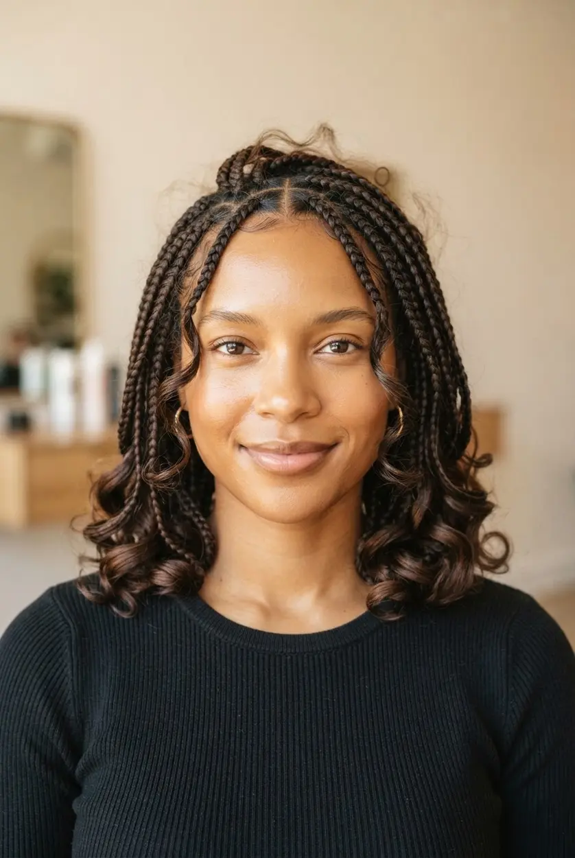 Soft goddess braids form a short bob with wavy ends and gentle volume.