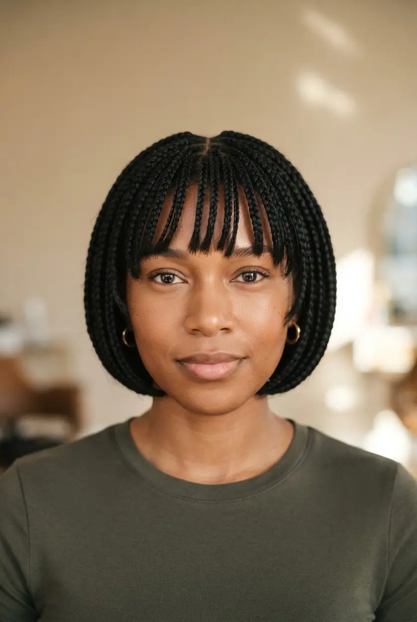 Braided bob with front bangs, even rows, and face-framing pieces.