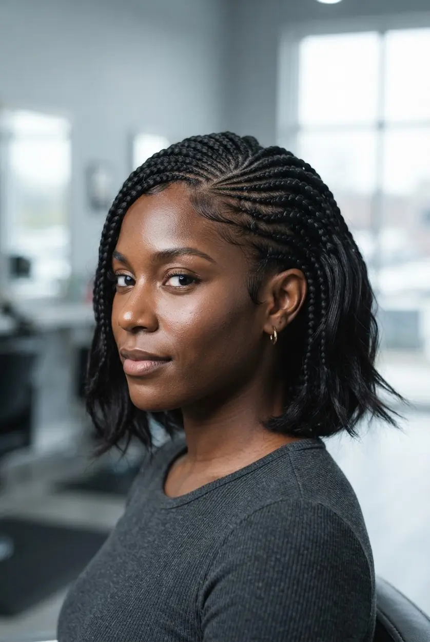 Side-swept lemonade braids create a dramatic bob with angled rows.