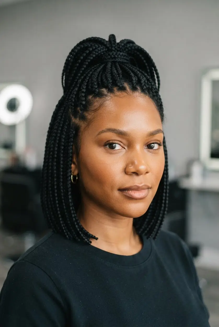 Half-up bob braids gathered at the crown with visible height and rounded volume.