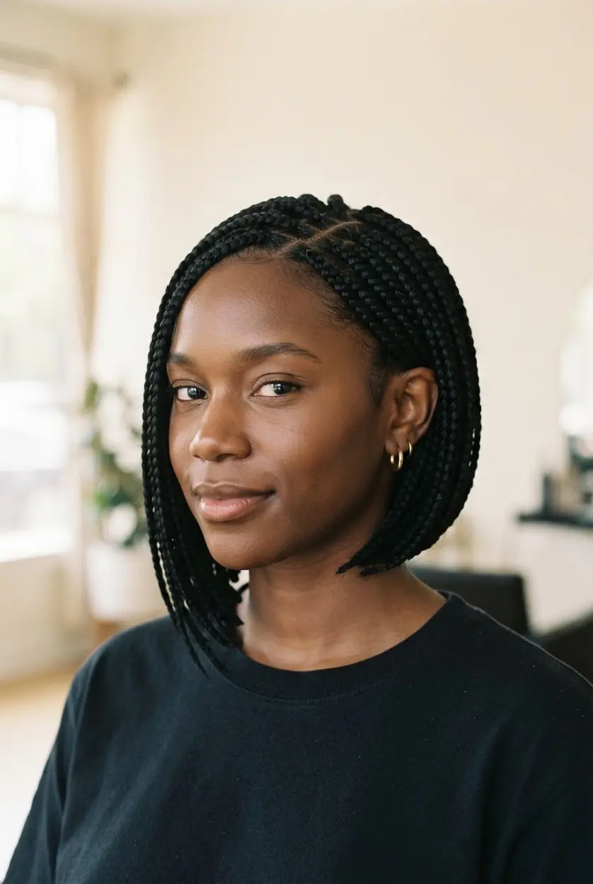 Short asymmetrical box braids with an angled hemline and longer side.