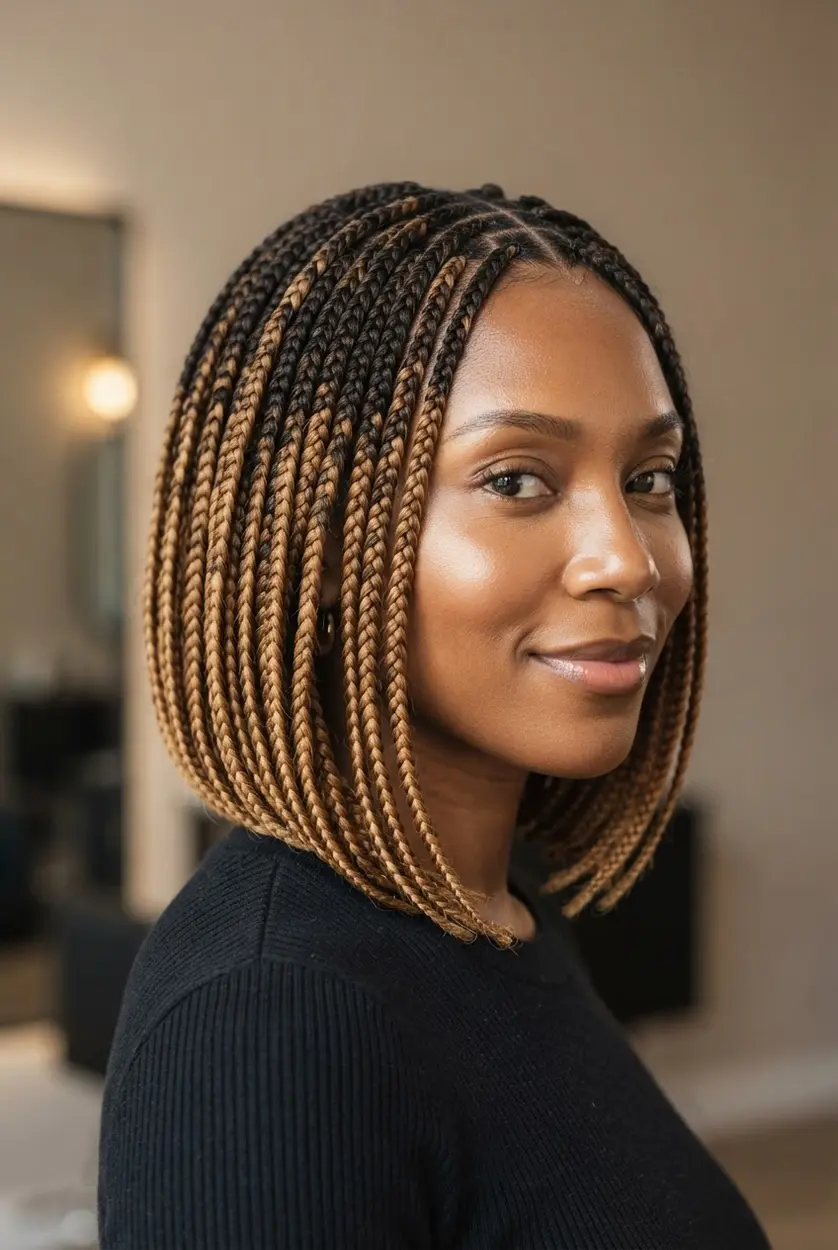 Ombre-colored bob braids shift through gradual tones with neat rows and defined ends.