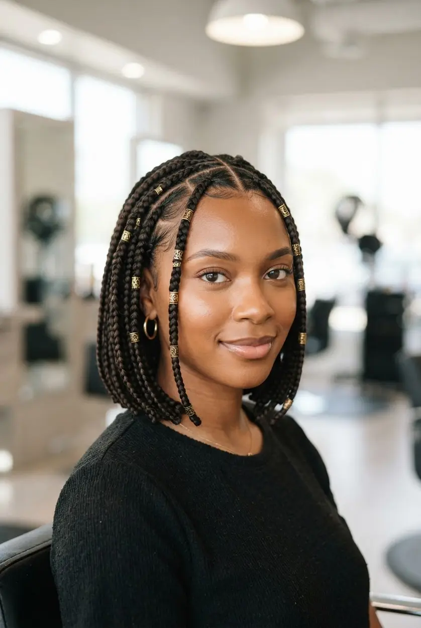 Fulani-inspired bob braids with small beads and decorative front accents.