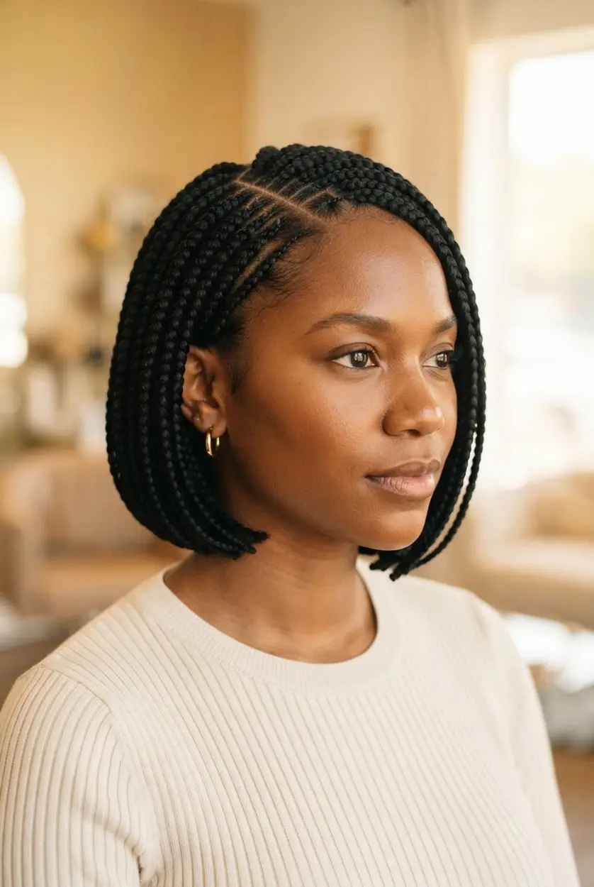 Deep side-part bob braids with polished rows and a smooth face-framing finish.
