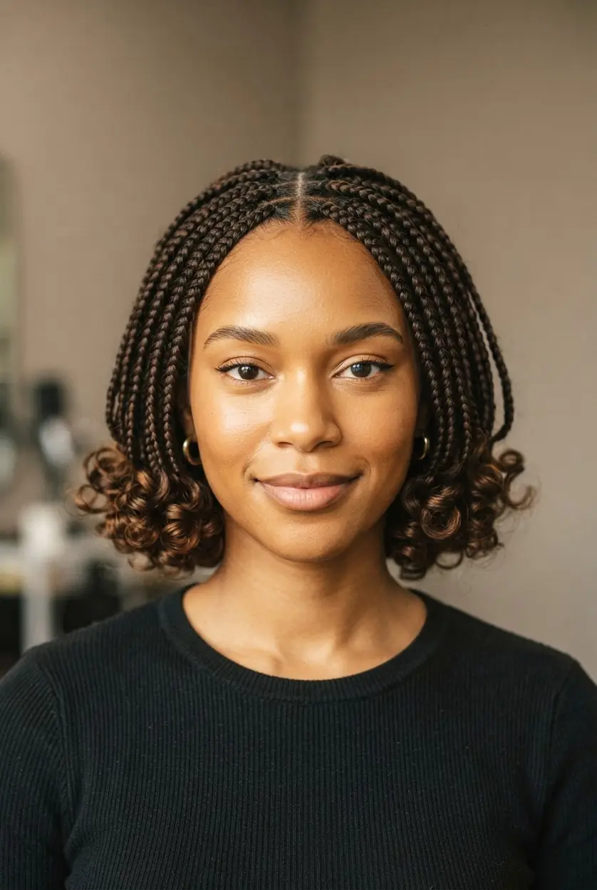 Short box braids finished with defined curly ends and gentle movement around the jawline.