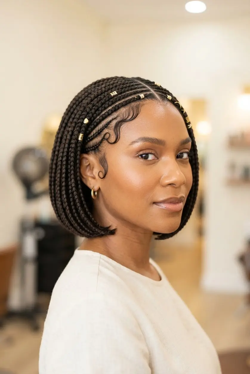 Fulani-inspired braided bob with neat rows, side details, and a short rounded shape.