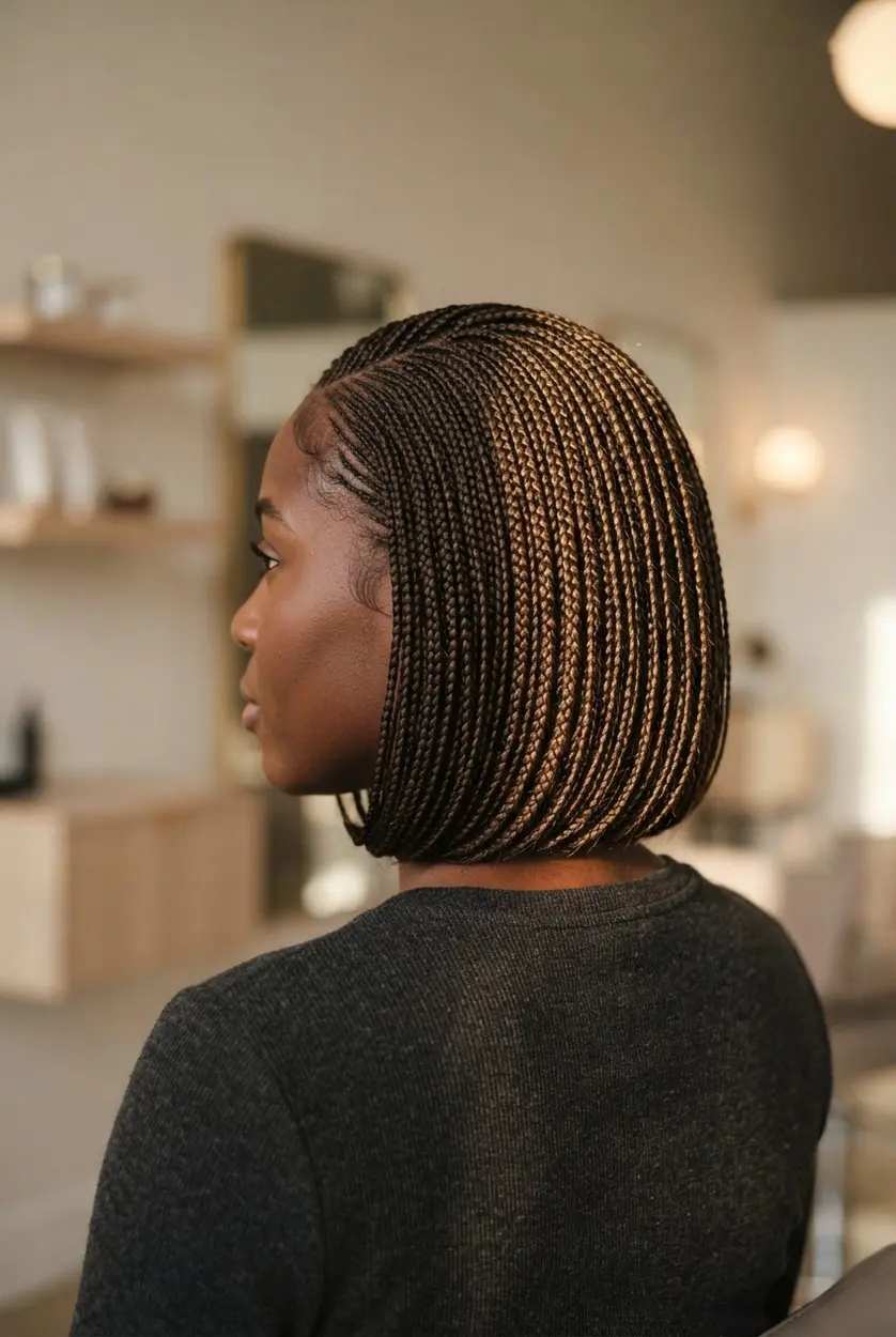 Small micro braids form a detailed bob with fine sections and tidy edges.