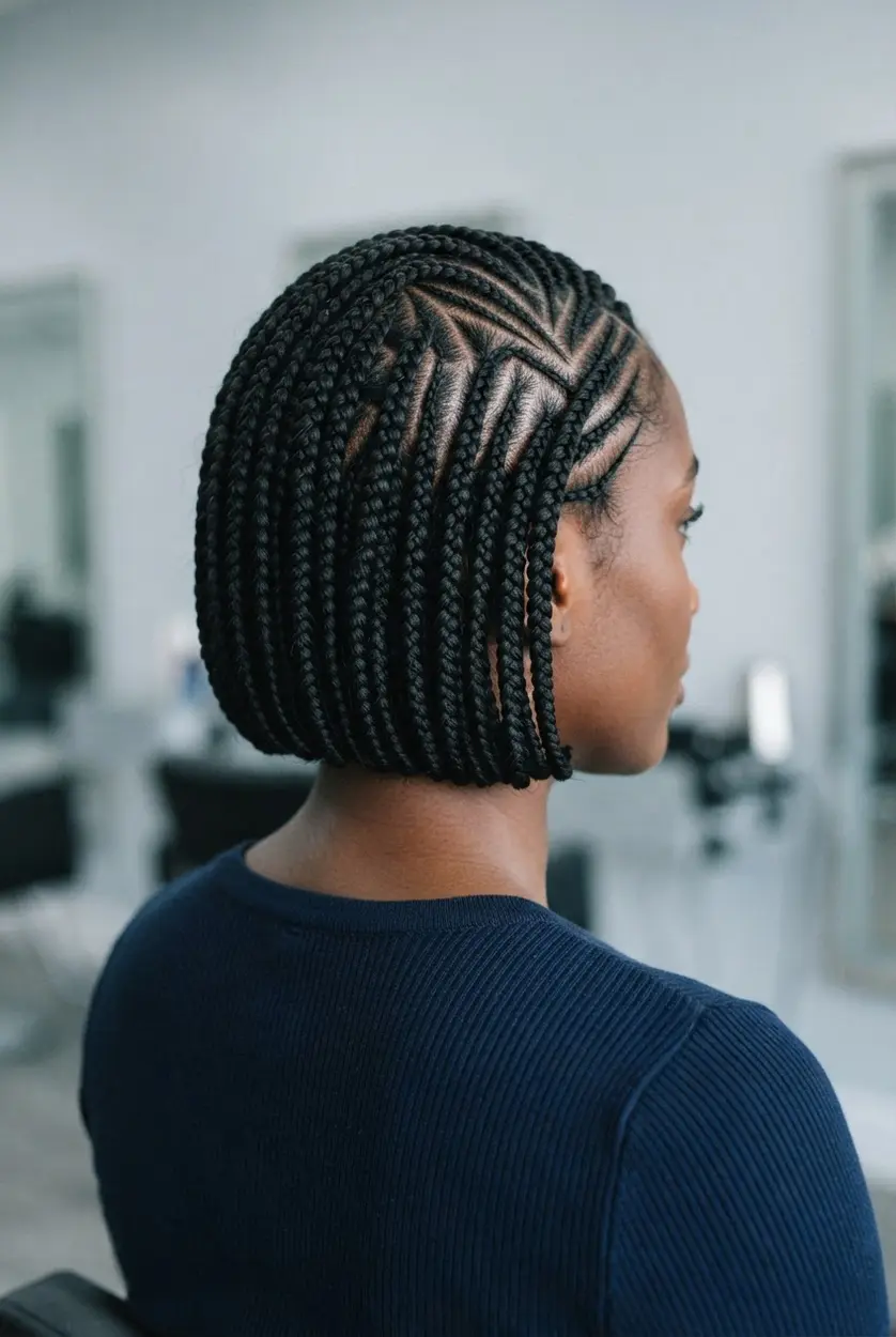 Geometric stitch braids with crisp scalp rows and a structured short bob cut.