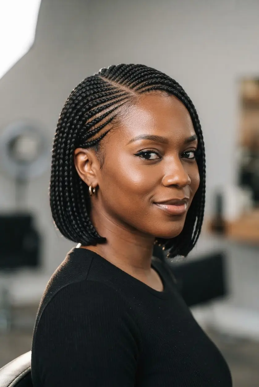 Cornrows sweep from a deep side part into a sleek bob with smooth edges.