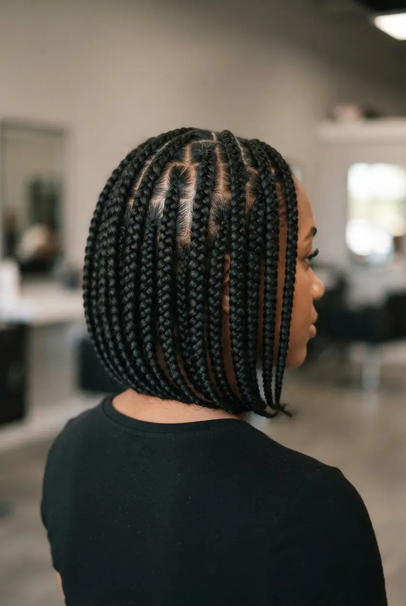 Feed-in braids with a natural finish, tapered ends, and softly visible scalp sections.