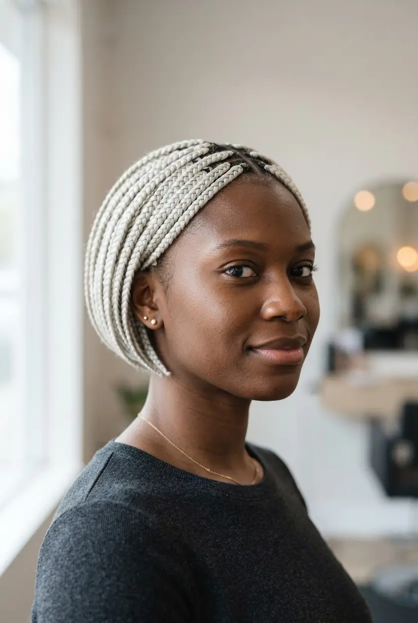Platinum blonde braids form a tapered bob with a bright tone and tidy ends.