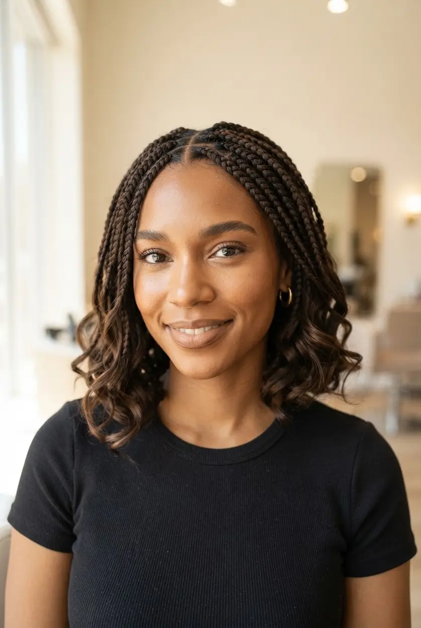 Relaxed bohemian waves with loose braid sections and soft movement at bob length.