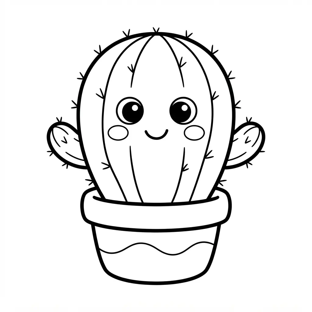 A smiling cartoon cactus with large round eyes and tiny arms, drawn in bold lines for easy coloring.