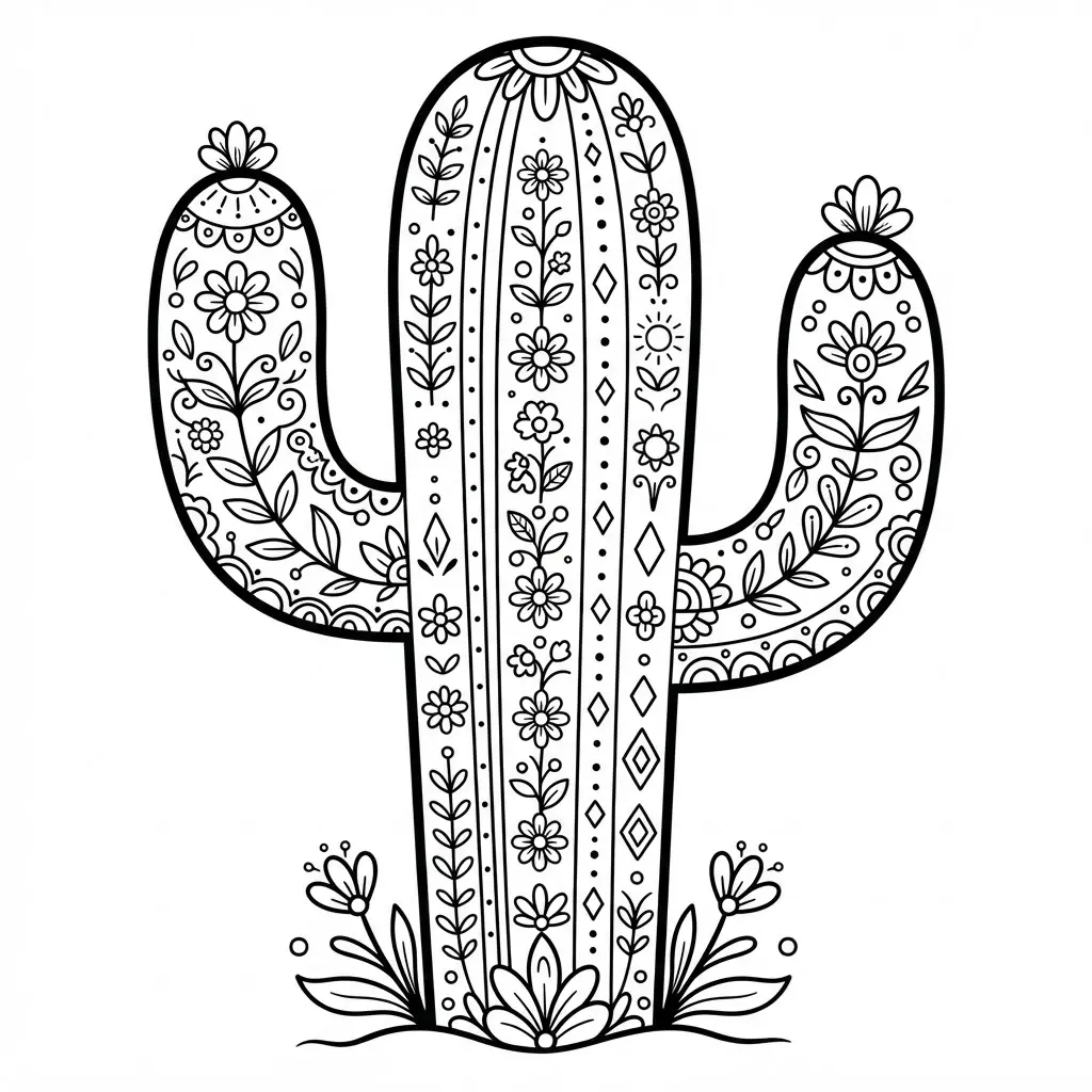 A cactus outlined in bold lines with intricate floral and dot patterns in vibrant colors.