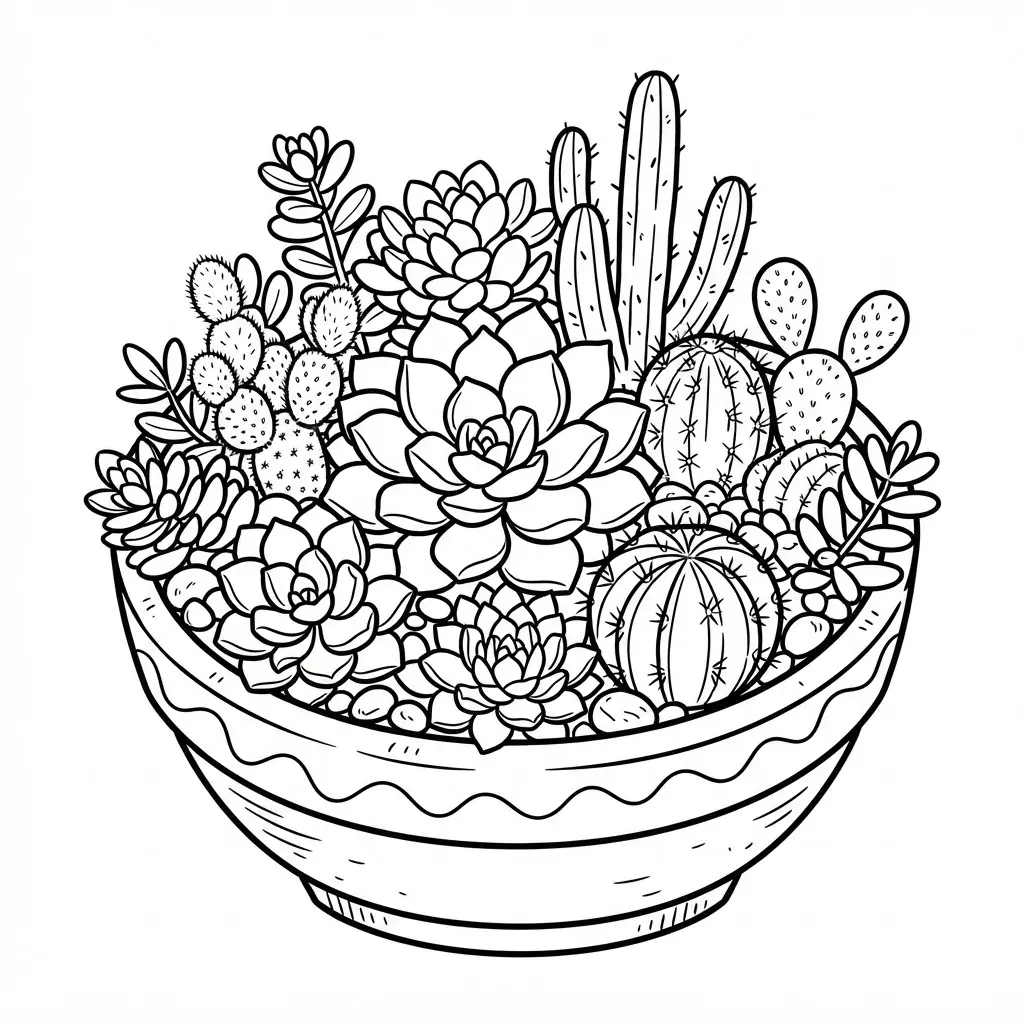 A collection of tiny desert plants with varied shapes and textures, packed into a round container.