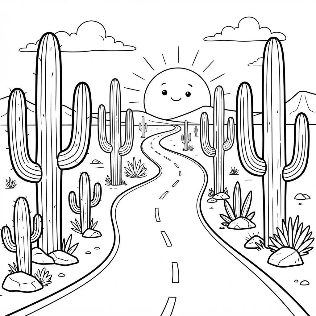 A roadside view with giant cacti casting long shadows under a warm, setting sun.