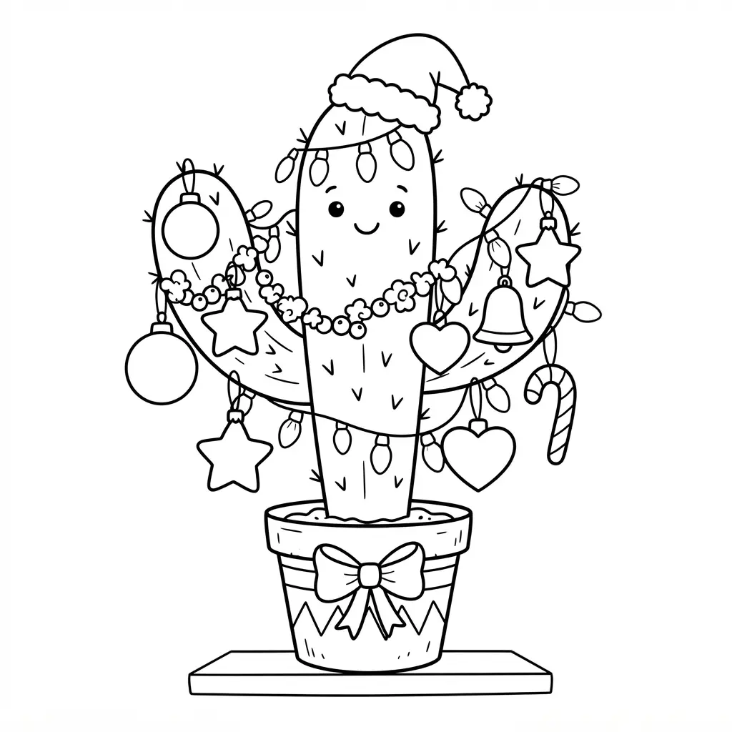 A festive cactus with hanging ornaments, garlands, and glowing string lights.