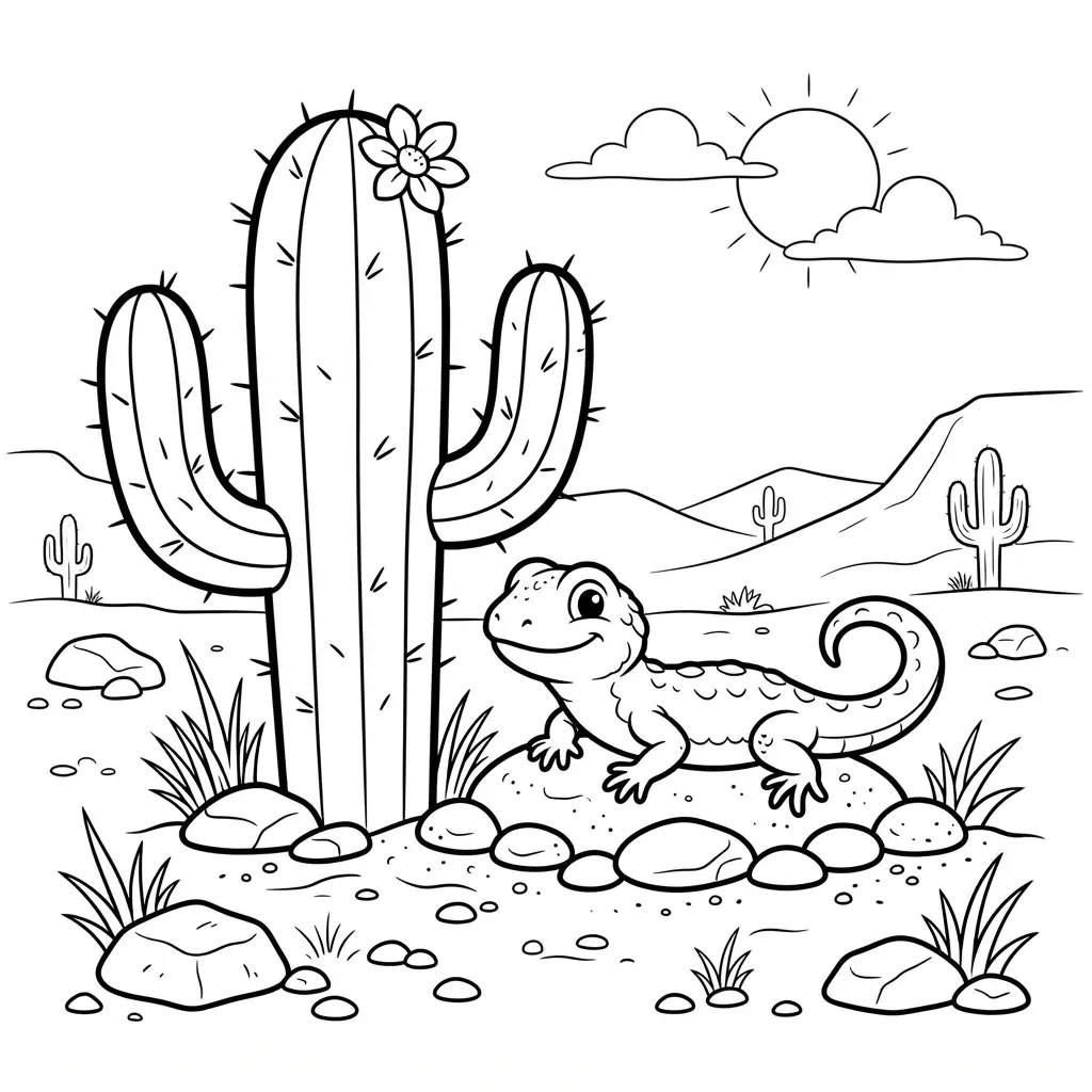A small lizard perched beside a cactus, with sand, pebbles, and dry grass in the background.