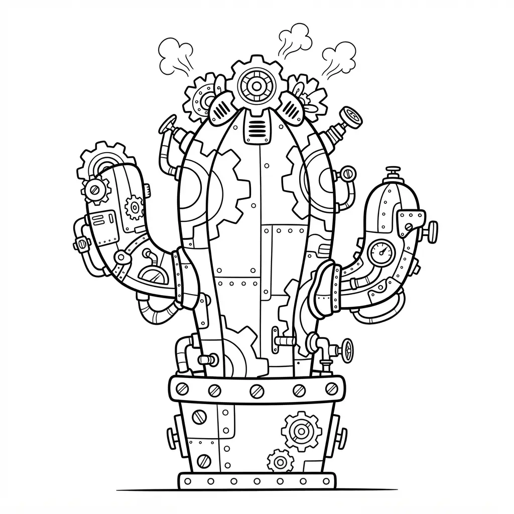 A futuristic cactus built from metallic parts, bolts, and spinning gears, with steam vents.