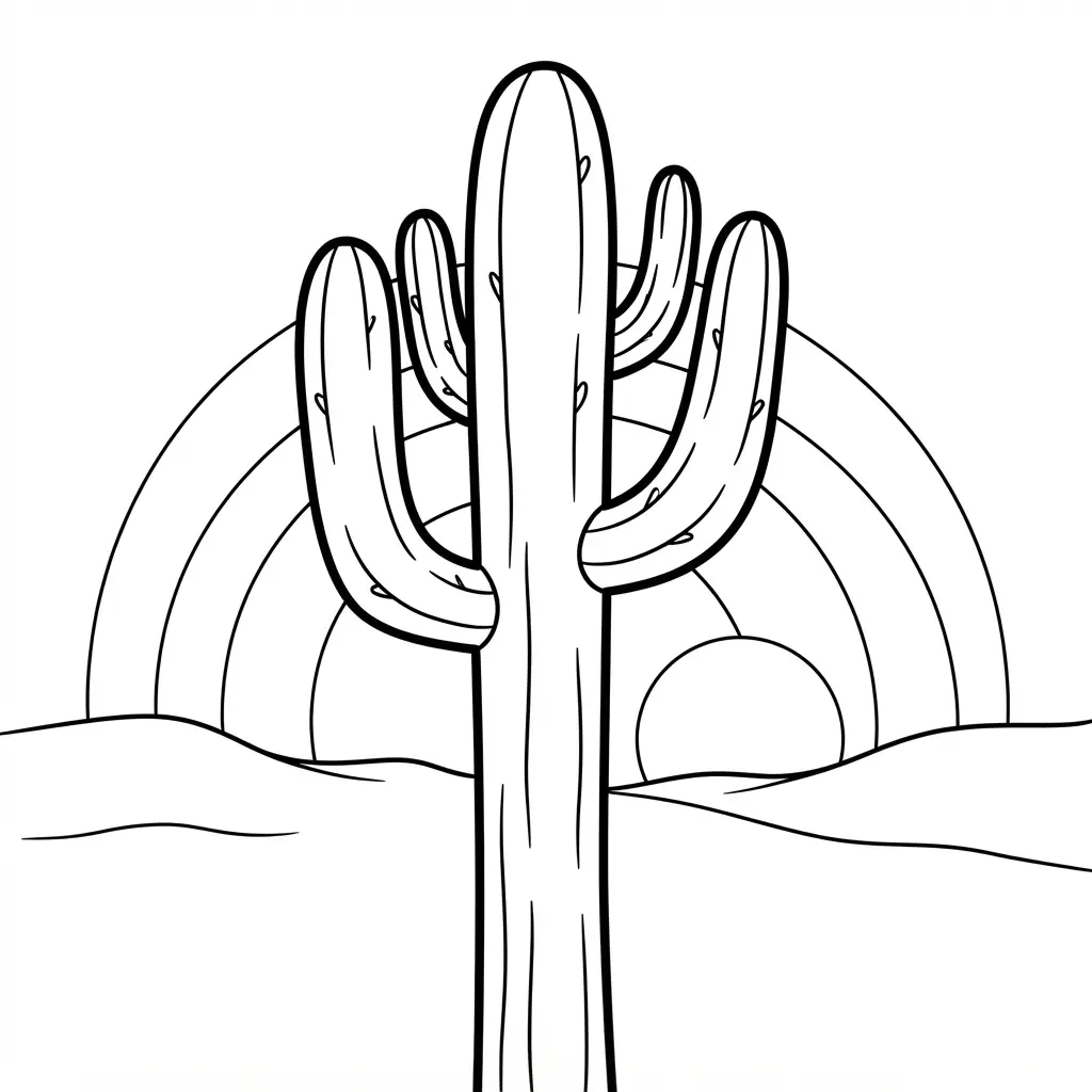 A towering saguaro cactus with arms raised, set against a gradient sky of orange and pink.