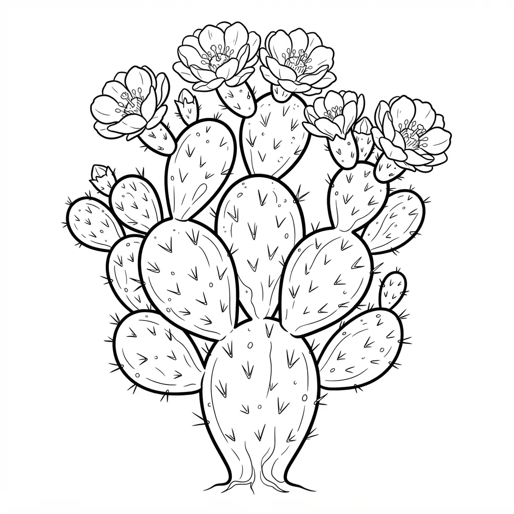 A segmented prickly pear cactus with vibrant blossoms, featuring fine spines and natural details.