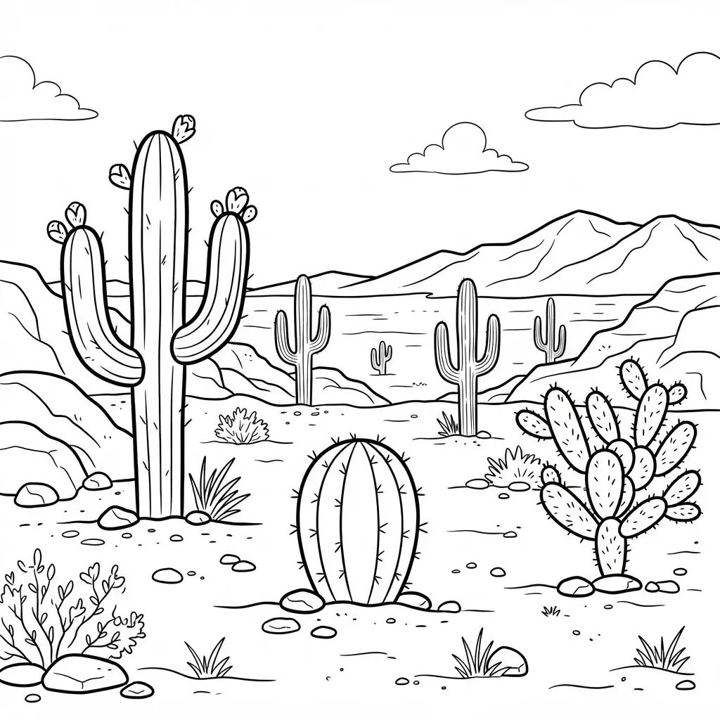 A panoramic desert view with different cactus types scattered across sandy terrain and rocky hills.