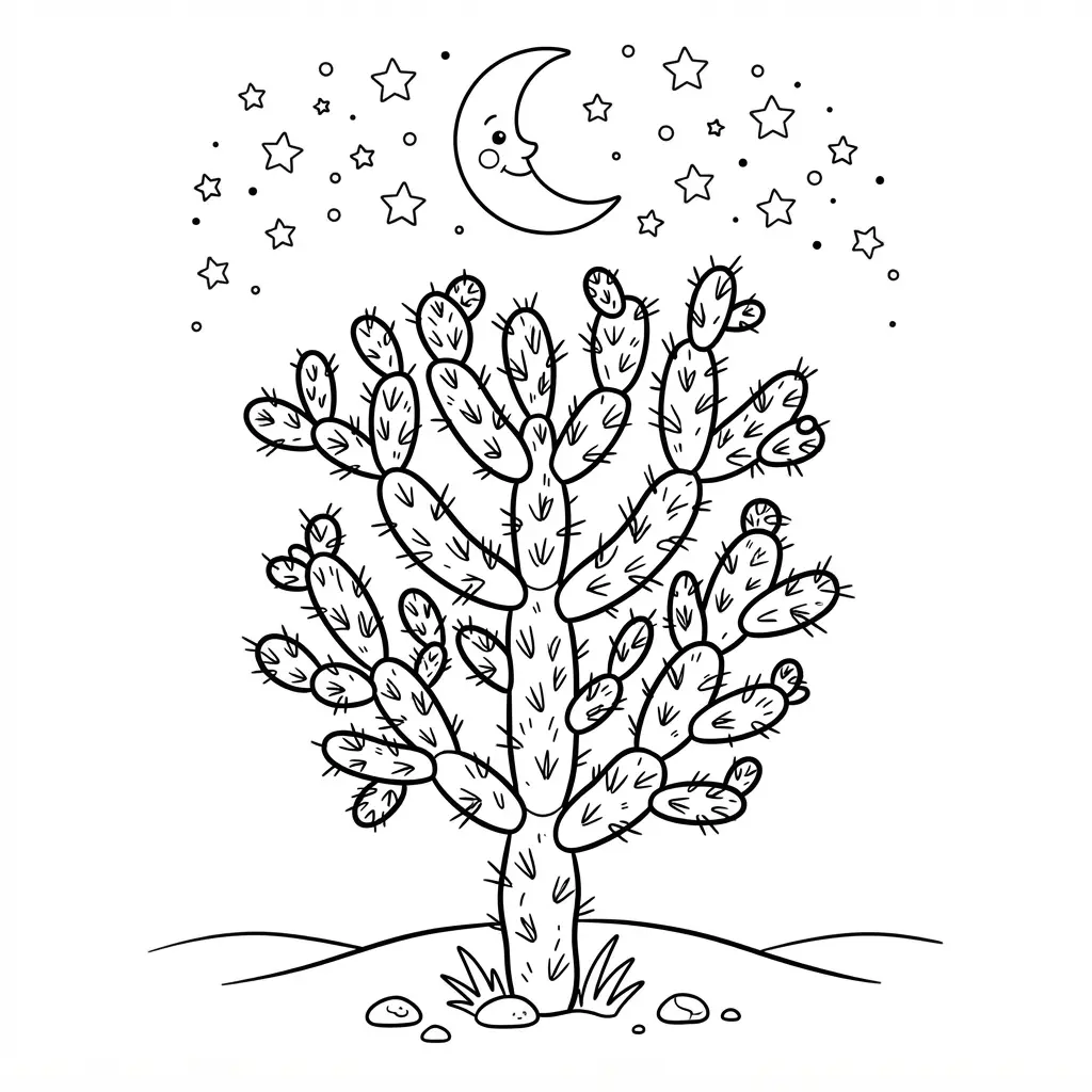 A detailed cholla cactus with dense spines, framed by a star-filled sky and crescent moon.