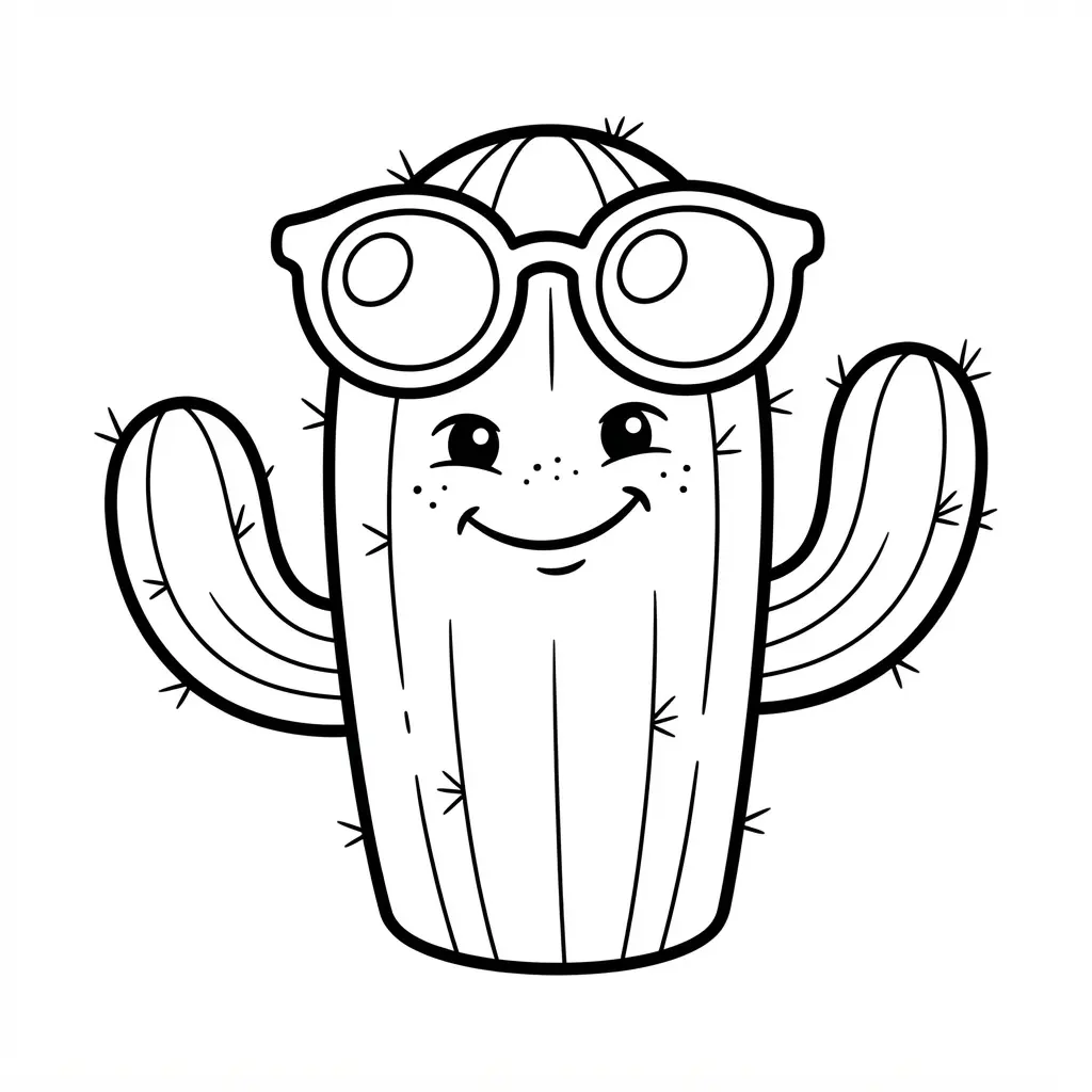 A cartoon cactus with oversized sunglasses and a wide smile, drawn in bold, fun lines.