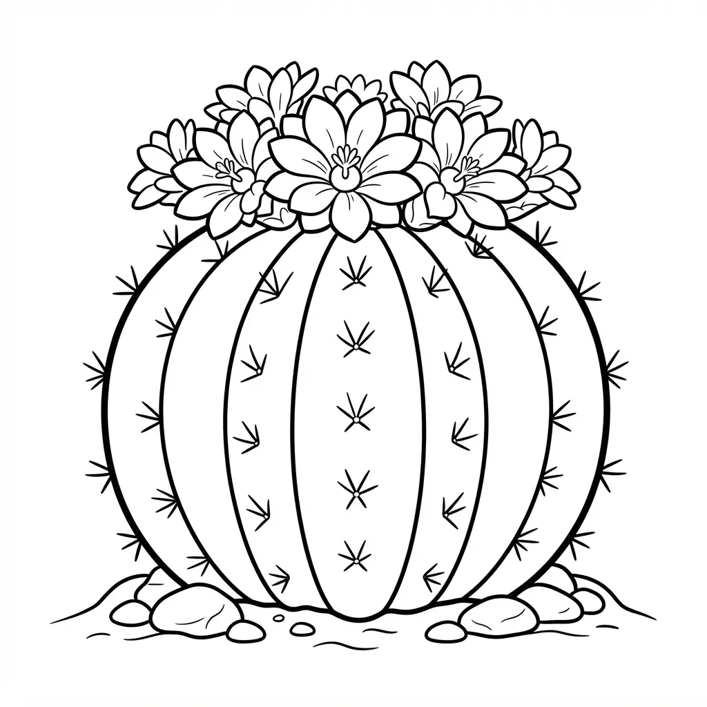 A plump barrel cactus with a crown of pink and yellow blossoms, surrounded by light shading.