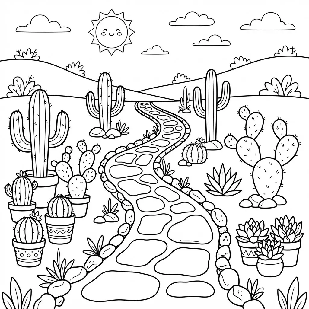A landscaped cactus garden with a curved path, various potted plants, and decorative rocks.