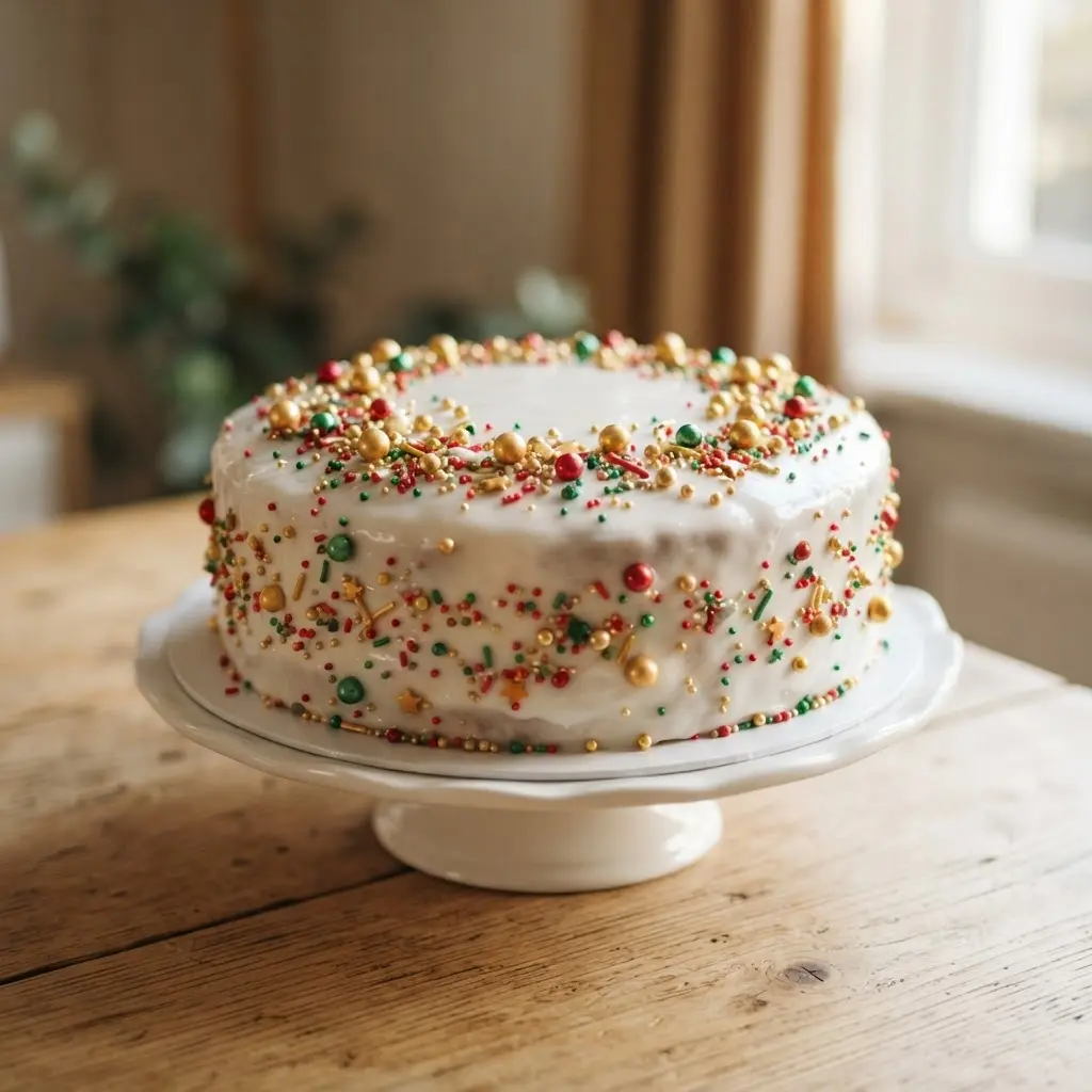 Small edible baubles and red, green, and gold sprinkles cover the top of a smooth round cake.