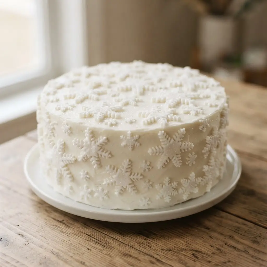 Christmas cake decoration with white fondant snowflakes arranged across smooth icing in different sizes.
