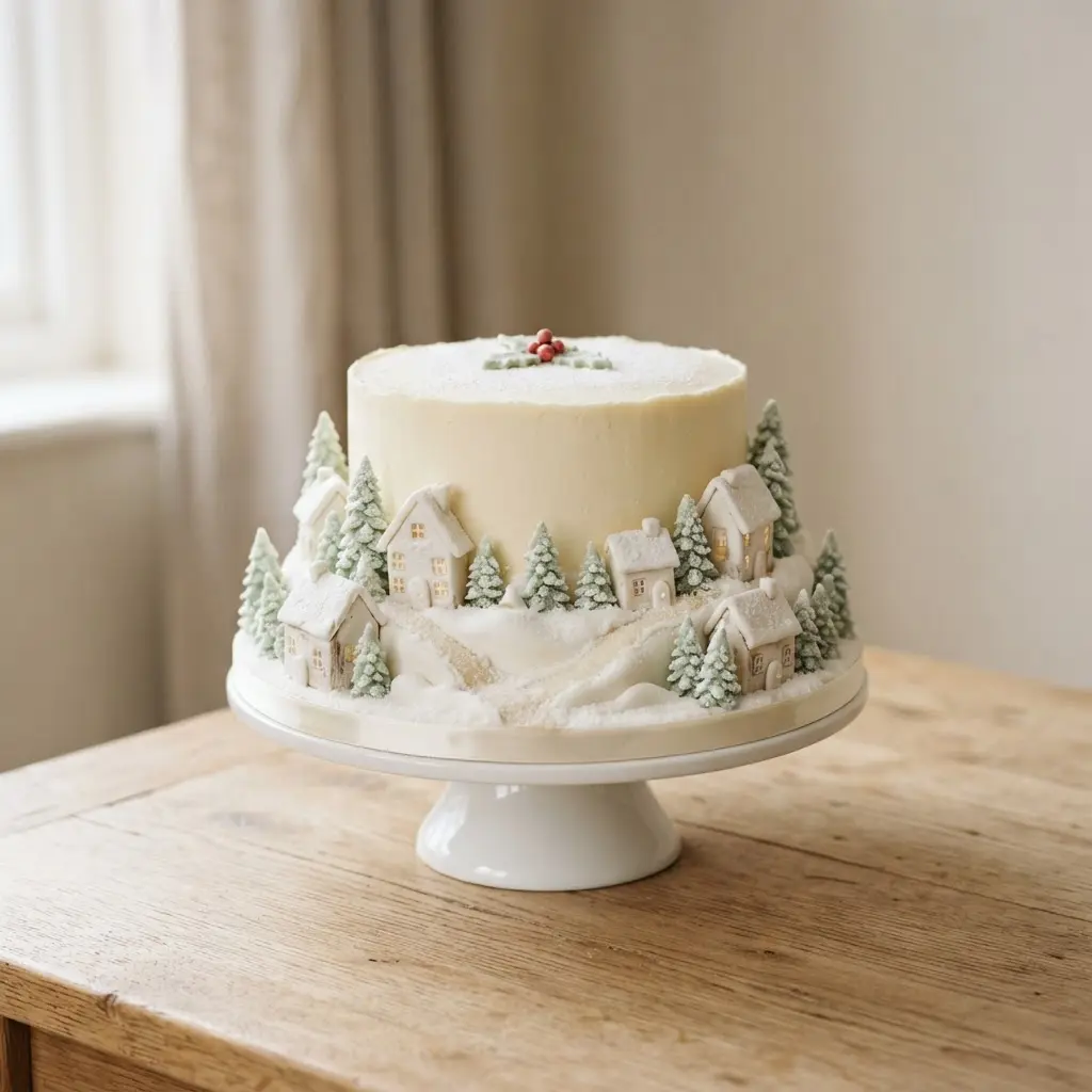 Christmas cake decoration with white fondant houses, snowy rooftops, and tiny trees around the cake edge.