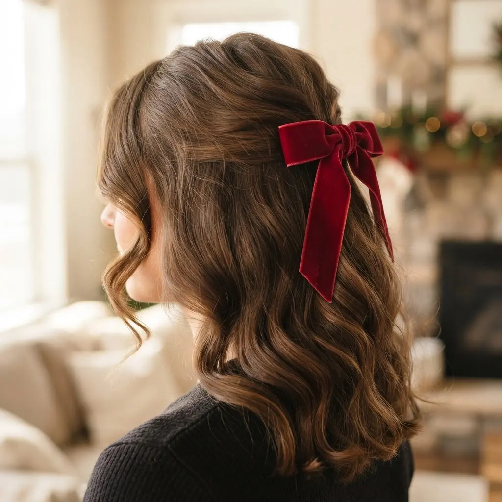 Soft half-up hair gathered at the back with a wide red velvet ribbon and loose waves.