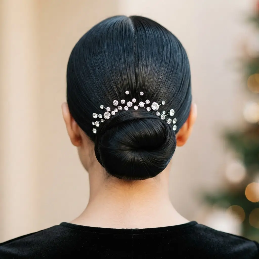 Smooth low bun with a center part and sparkling crystal pins arranged above the nape for Christmas party hairstyles.