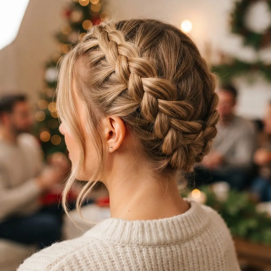 Two soft braids tucked around the crown with loose face-framing strands for Christmas party hairstyles.