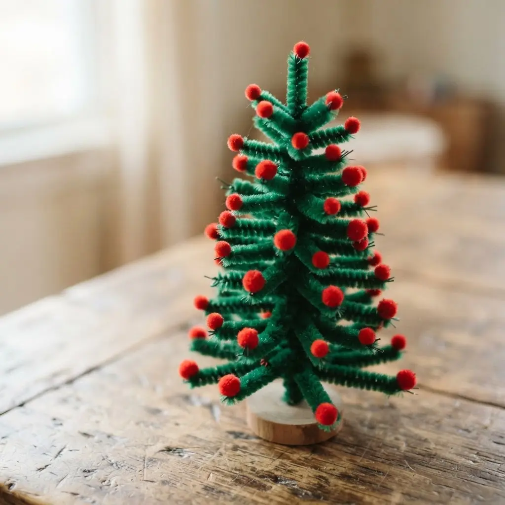 Green pipe cleaner shaped into a small Christmas tree with red pom-poms and a paper base.