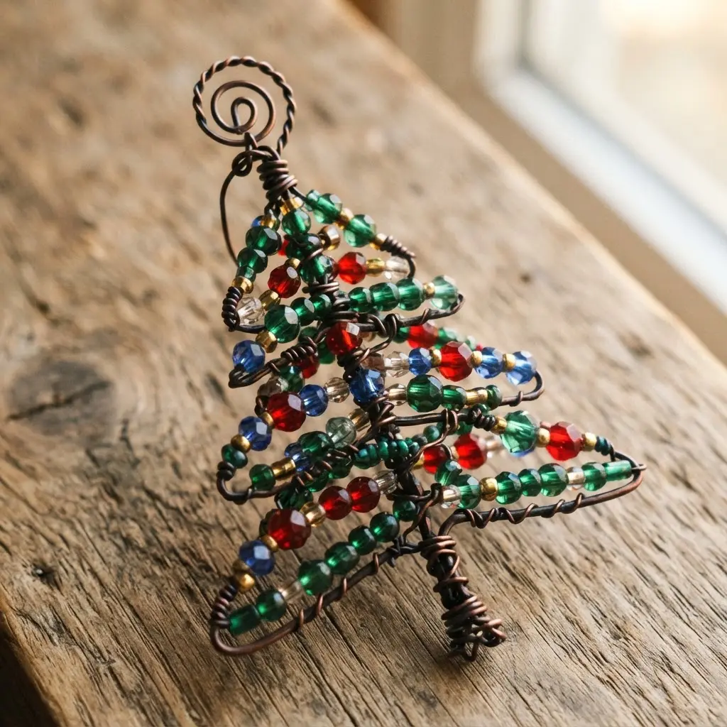 Wire and colorful beads form a small Christmas tree ornament with a loop for hanging.