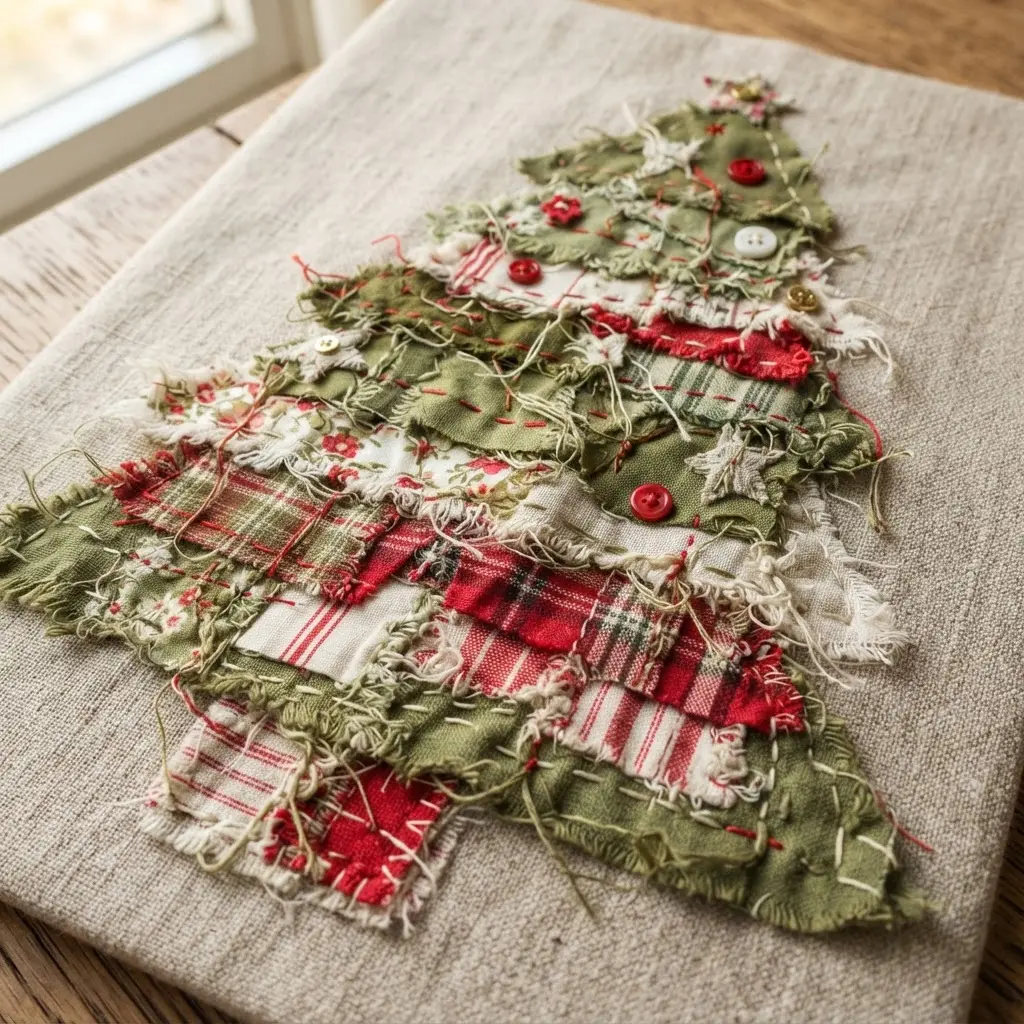 Fabric scraps in green patterns layered into a Christmas tree collage on natural linen.